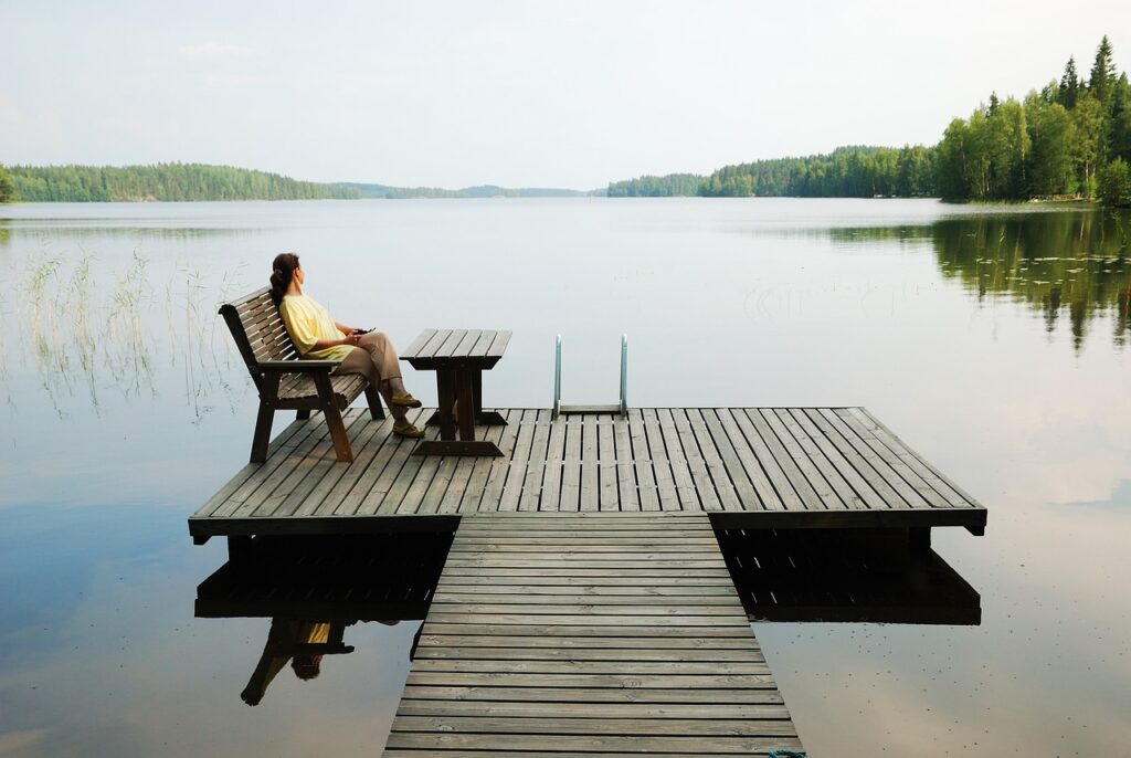 lake, platform, wooden platform