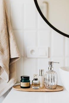 Composition of liquid soap perfume and skincare products placed on bamboo plate in modern bathroom